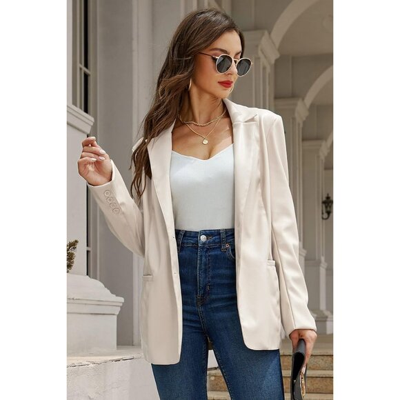 Women Cream Leather Blazer Jacket Vegan leather Lapel Button Down Casual Coat - Picture 5 of 6